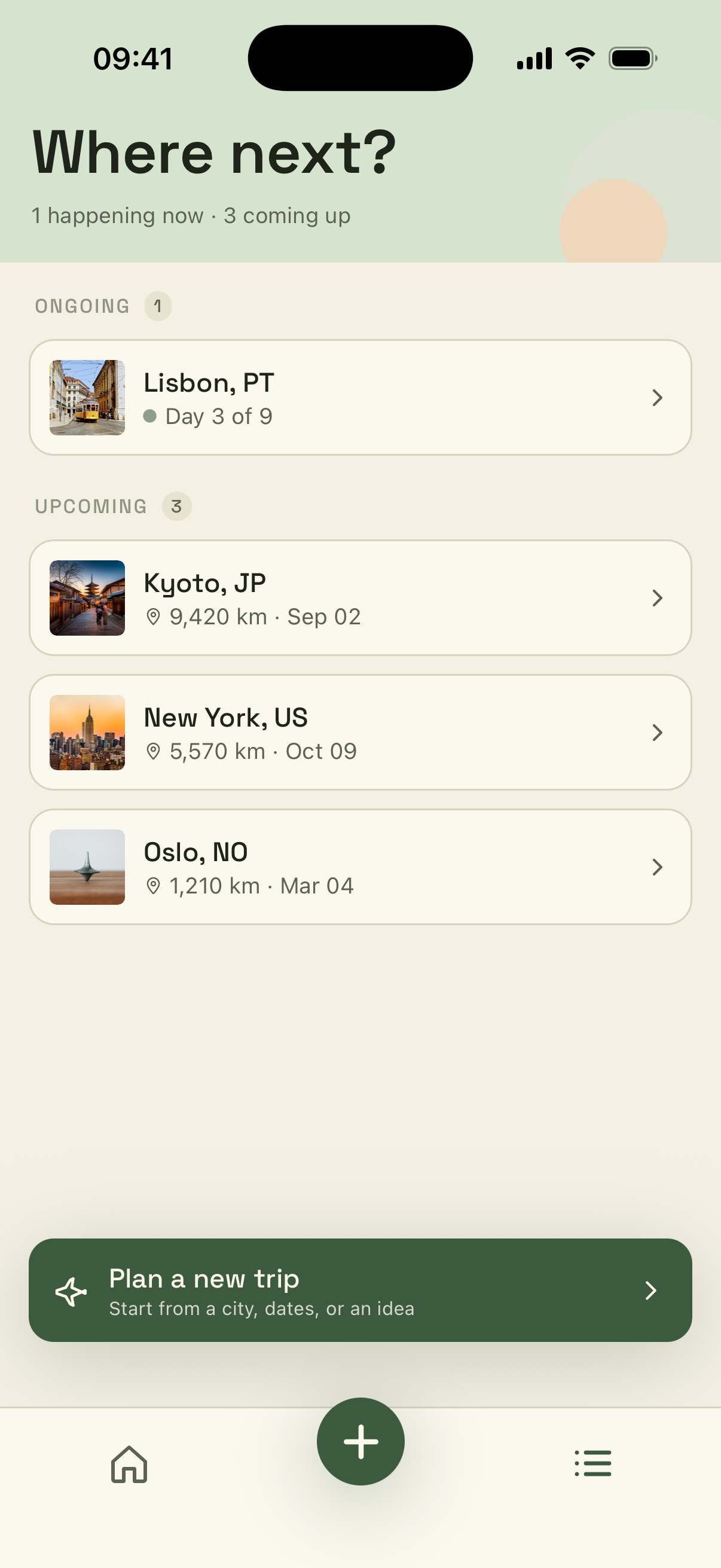 Phileas home screen showing trips