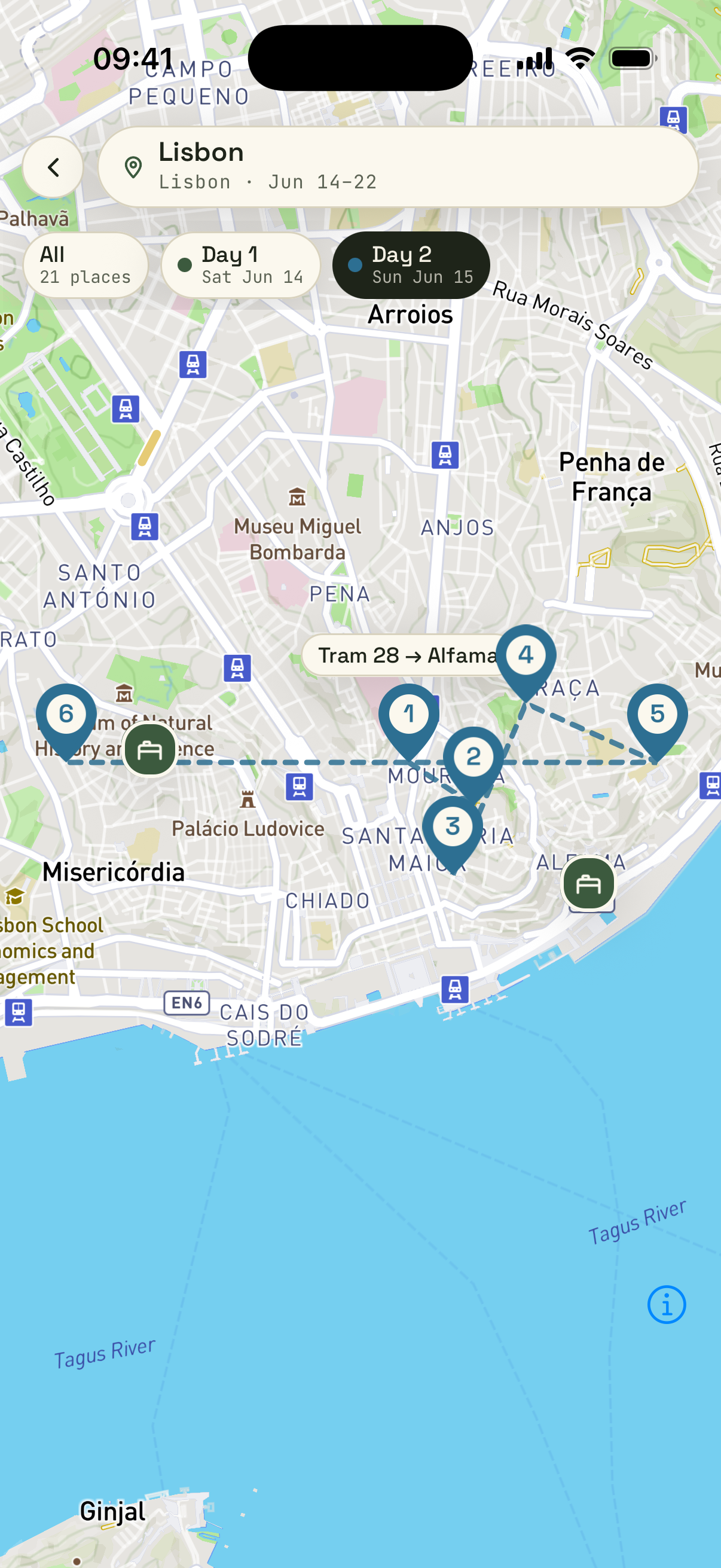 Phileas map with day-by-day routes across Lisbon